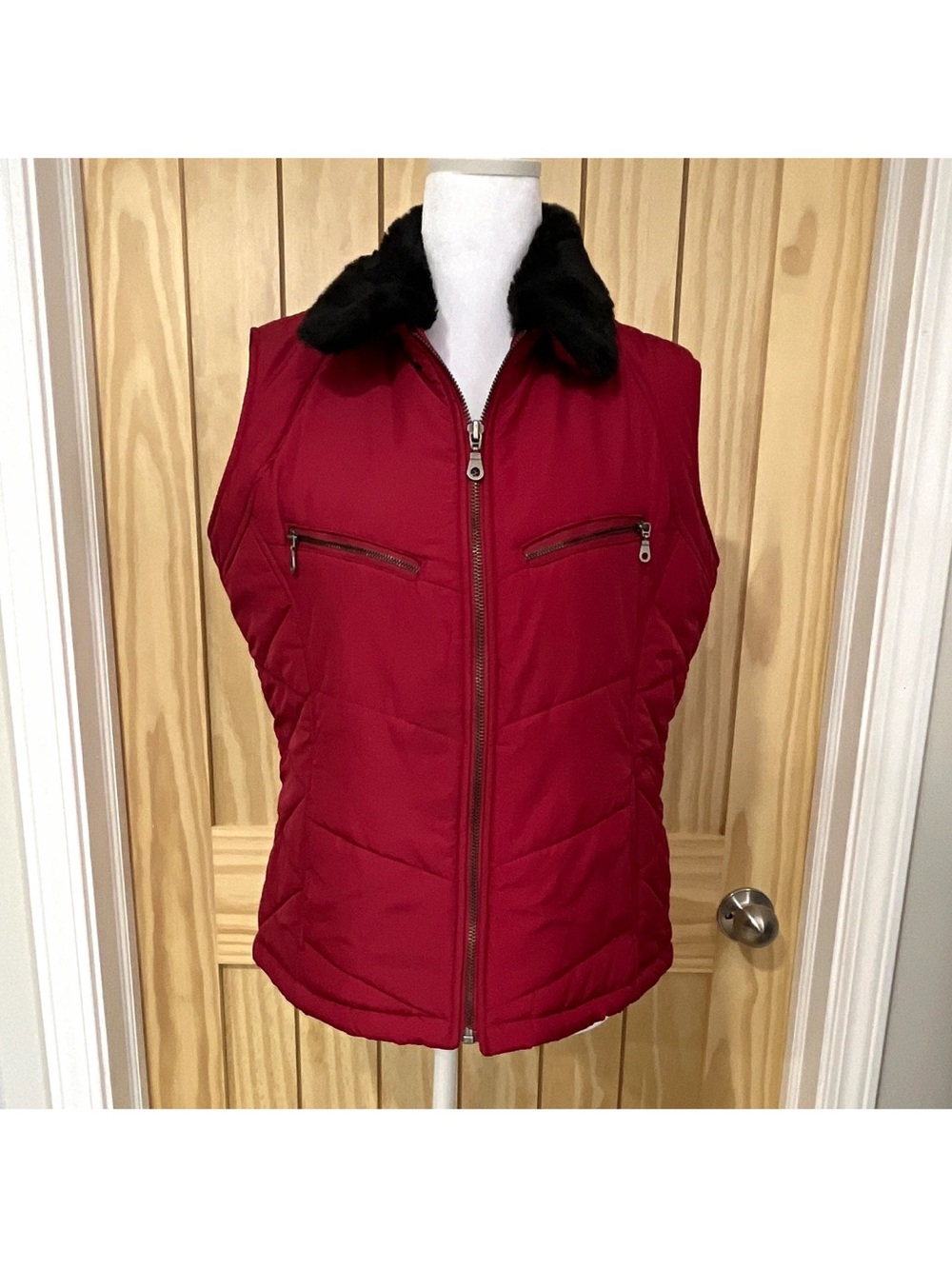 new directions Red Quilted Vest with Black Faux Fur Collar